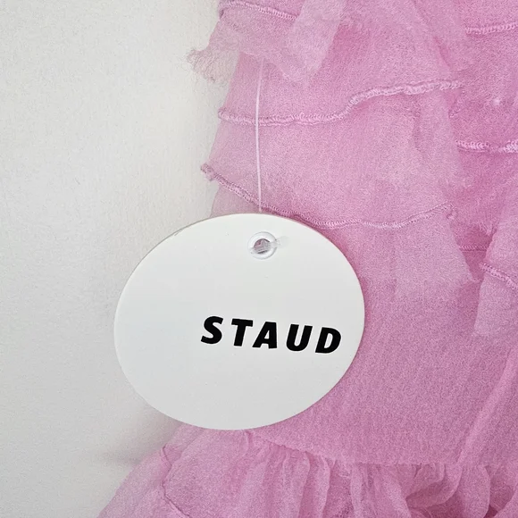 NWT STAUD Florian Rosette Appliqued Tulip Pink Ruffled Organza Mini Dress Size 8 - Picture 8 of 14